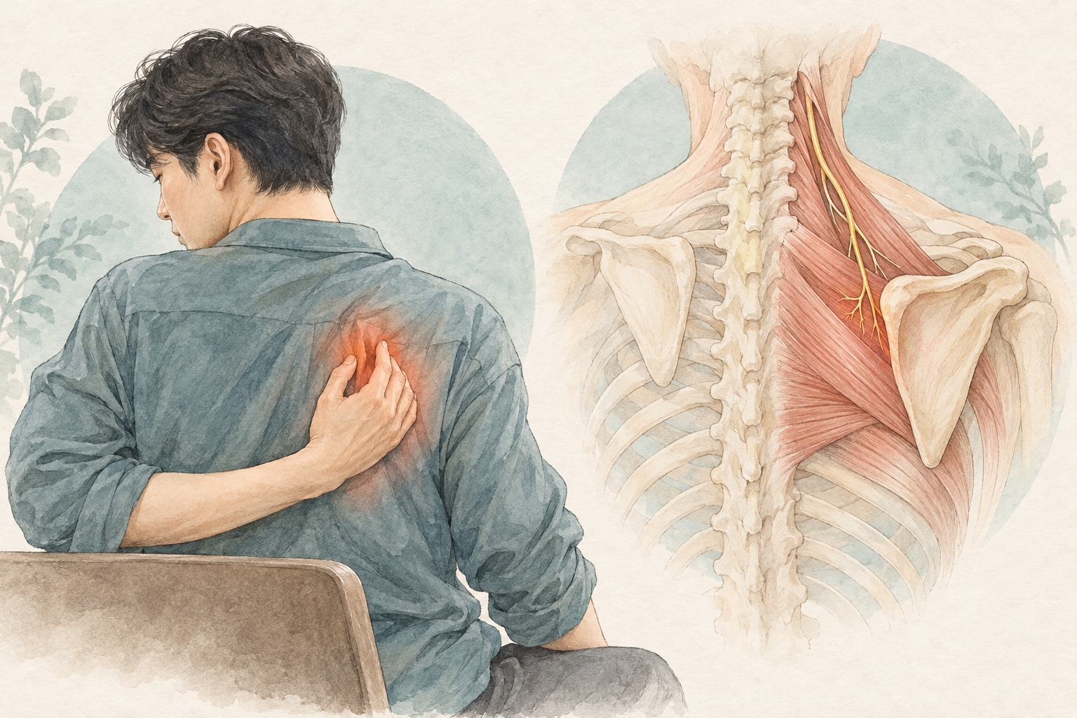 날개뼈 안쪽 통증, 마사지해도 그때뿐이라면? 견갑배신경 포착의 원인과 치료 관련 이미지